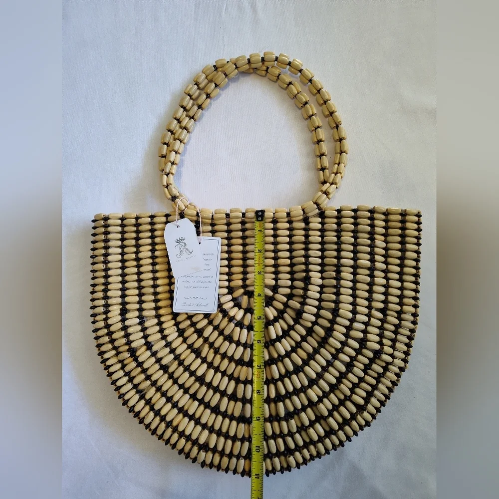 Rachel Ashwell NWT Beaded Wood Tote Bag Boho Resort Statement Handbag - Picture 8 of 9